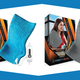 Two images of the Mighty Bliss heating pad are shown side by side in blue and grey.